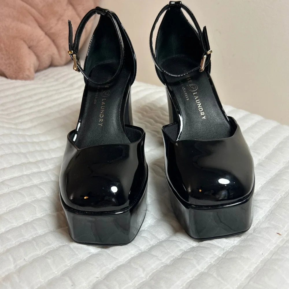 Chinese Laundry Black Patent Platform Pumps Square Toe Block Heel Womens 7